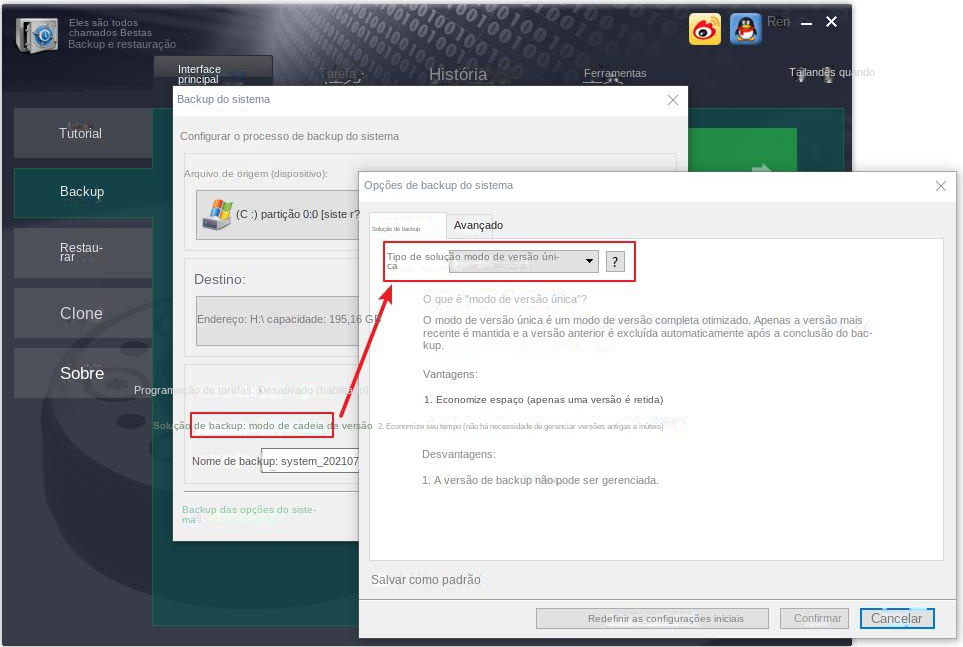 Backup do sistema selecione plano de backup