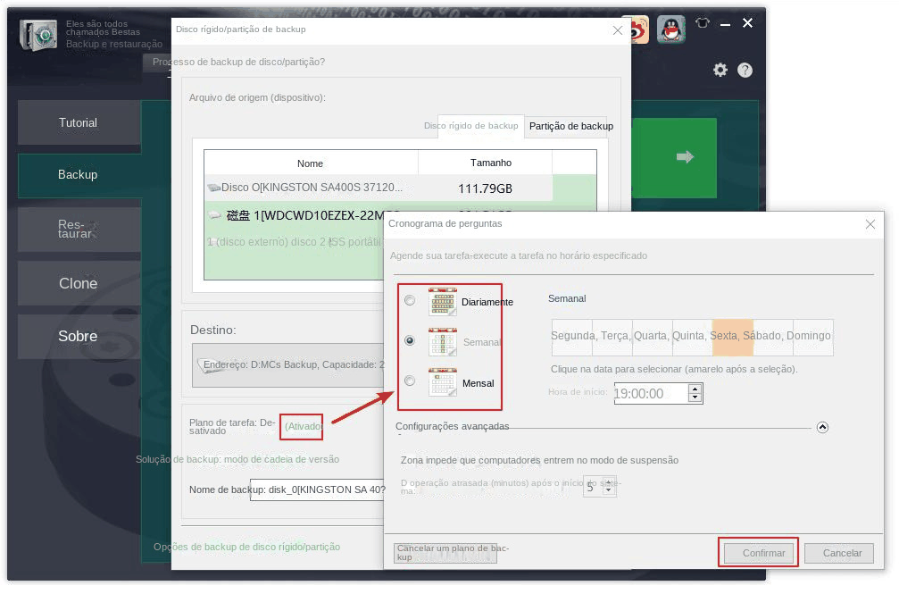 Backup do disco rígido configurando o tempo de backup