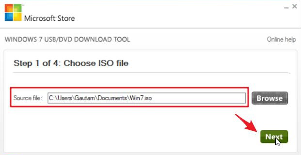 Ferramenta de download de USB/DVD do Windows seleciona arquivo iso