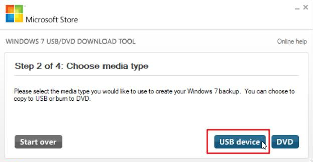 Ferramenta de download de USB/DVD do Windows seleciona tipo de mídia