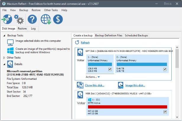 Interface de usuário do software Macrium Reflect