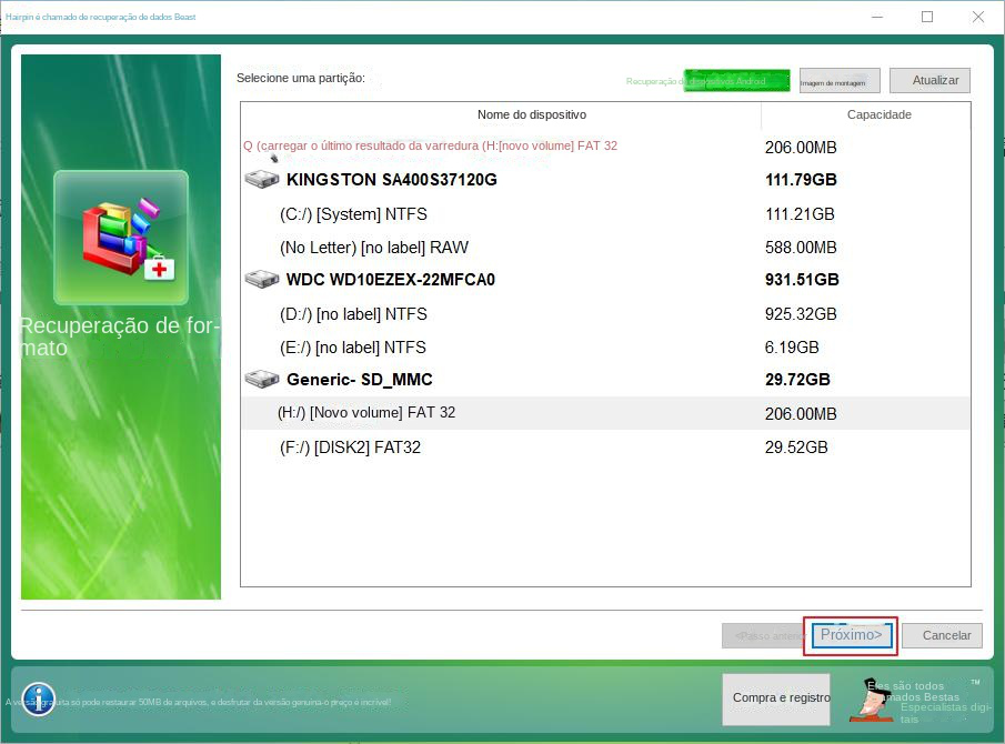 selecione cartão SD