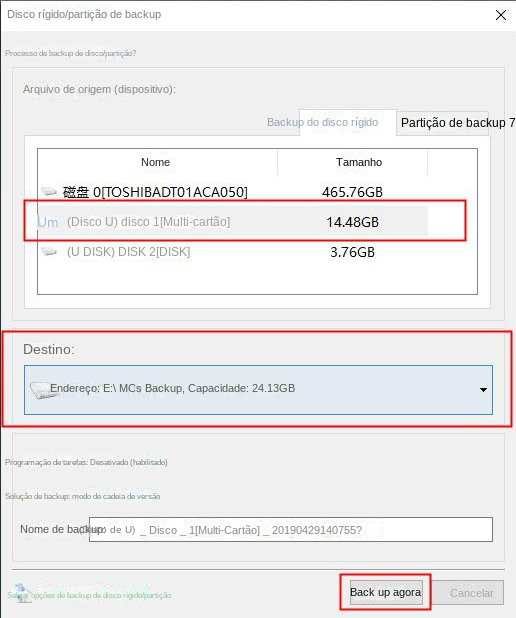 Escolha um local de backup