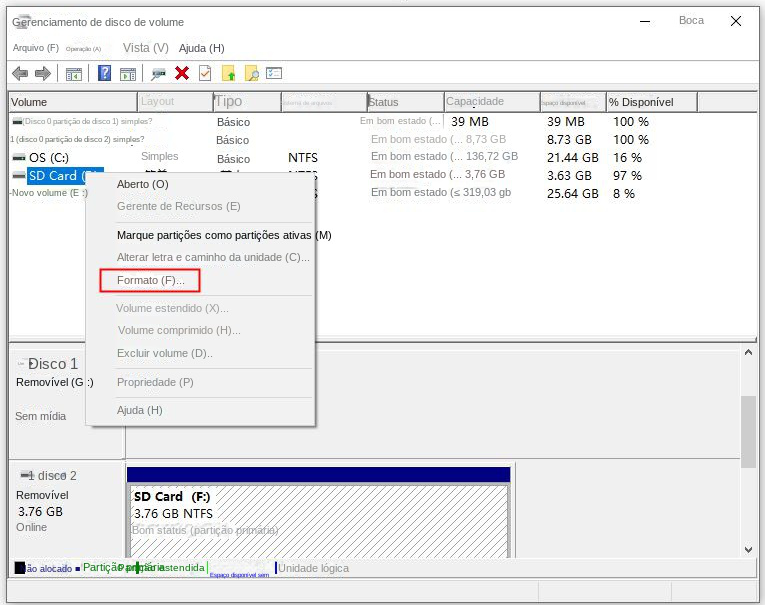 Cartão SD com formato de gerenciamento de disco
