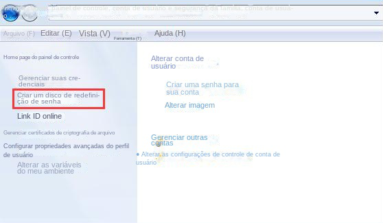 Opção de criar disco de redefinição de senha no Windows 7