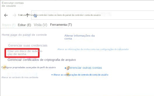 Opção de criar disco de redefinição de senha no Windows 10