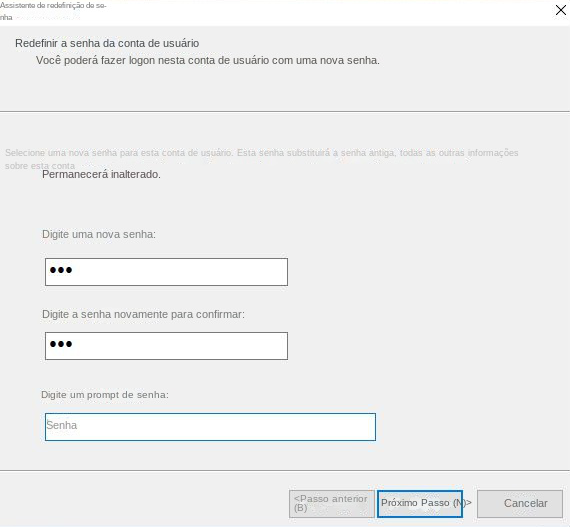 Redefinir a senha da conta de usuário para definir uma nova senha