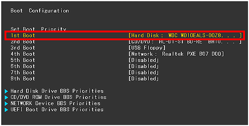 alterar a ordem de inicialização no disco rígido na configuração de inicialização no BIOS