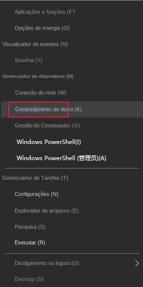 Selecione Gerenciamento de disco