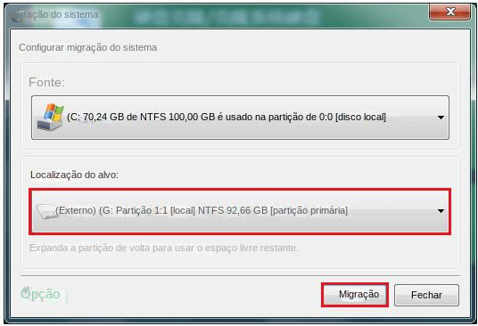 Selecione o novo SSD e clique em Migrar