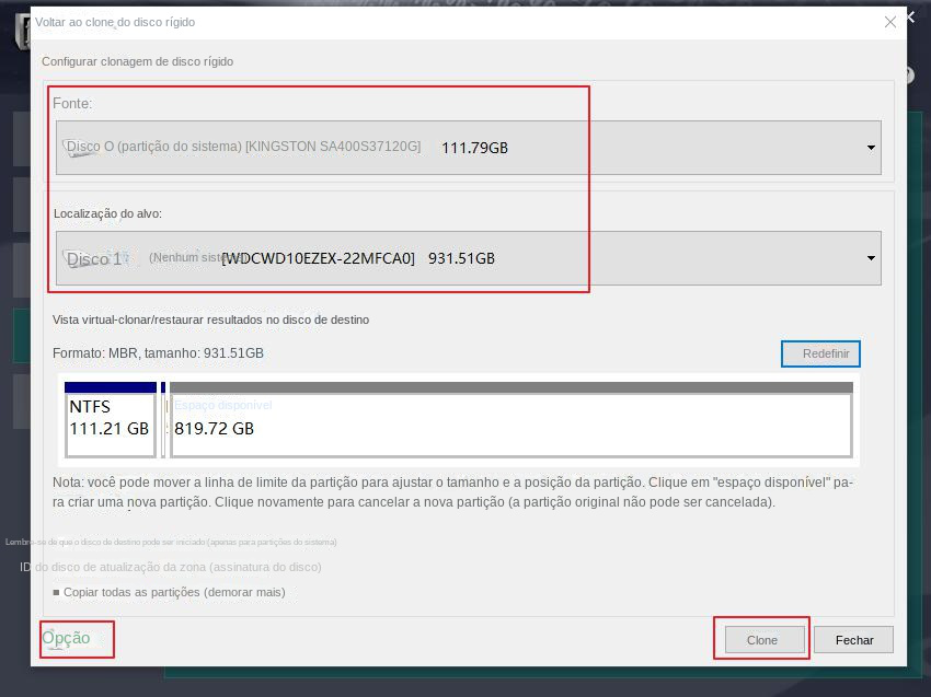 Execute o comando para clonar o disco rígido