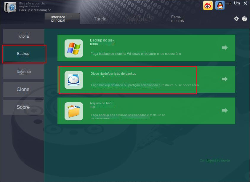 Selecione opções de backup de disco rígido/partição