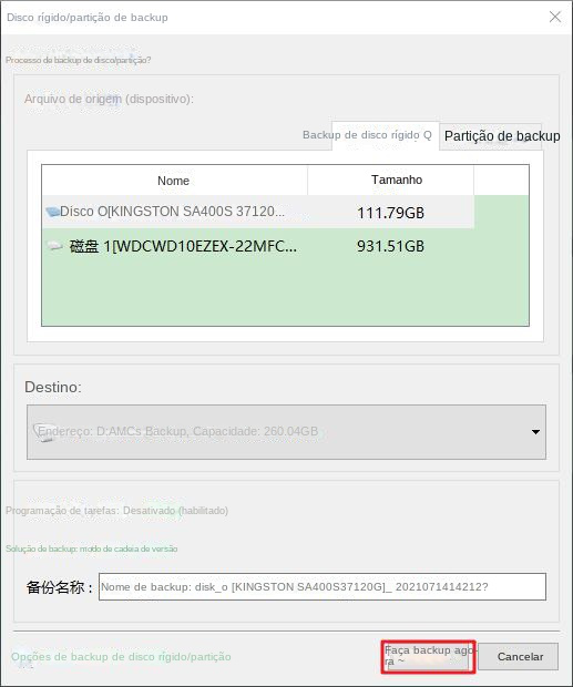 Backup do disco rígido Faça backup imediatamente