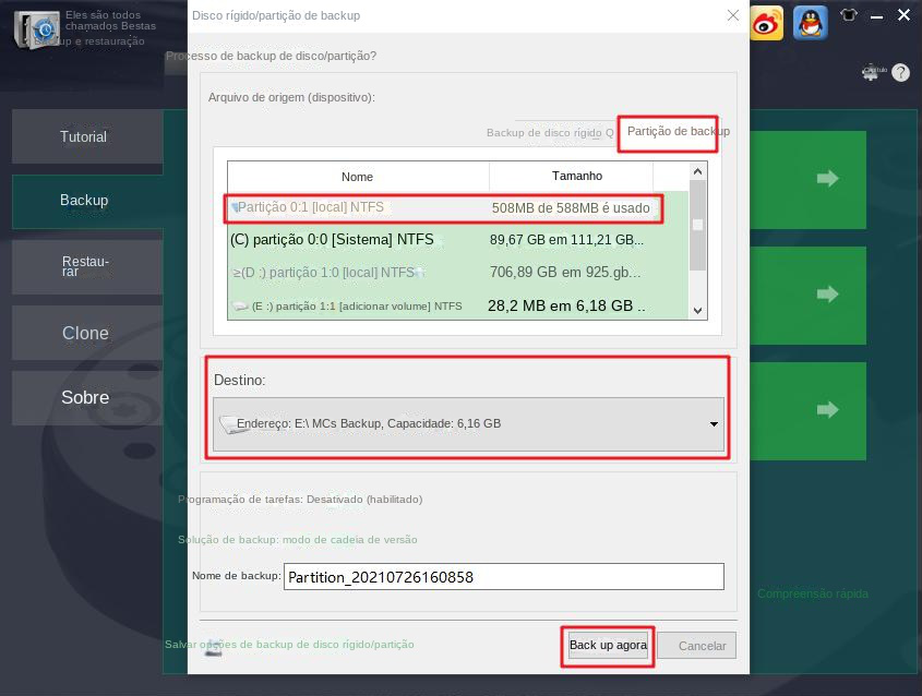 O backup de partição seleciona o dispositivo de arquivo de origem e o destino