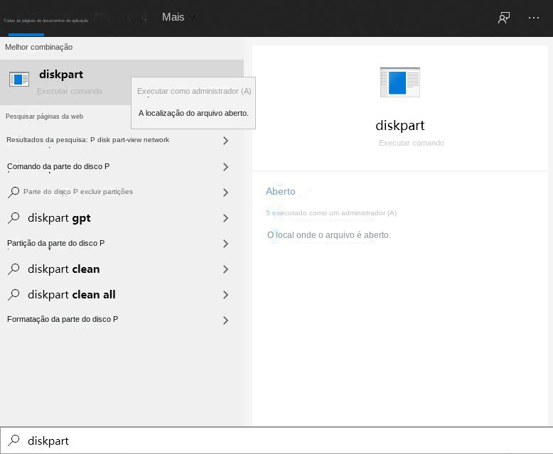 Abra o programa diskpart