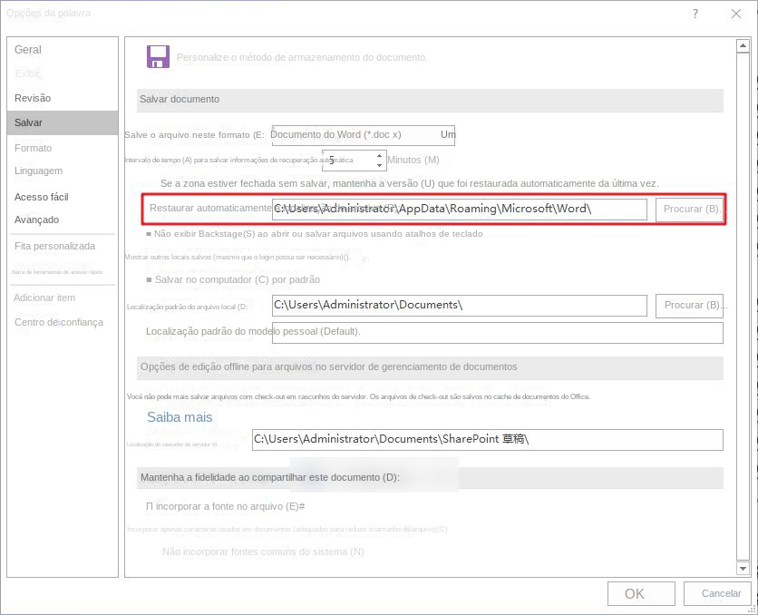 Configurações da pasta de salvamento automático do Word