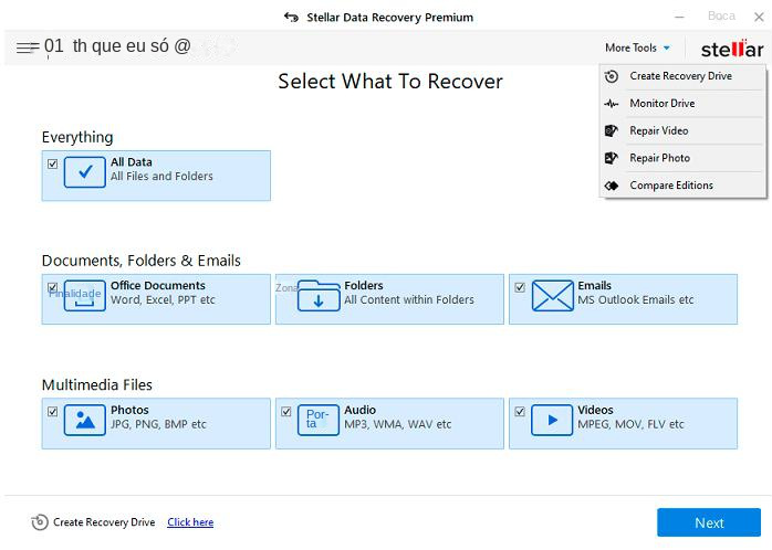 Interface do software Stellar Data Recovery Premium