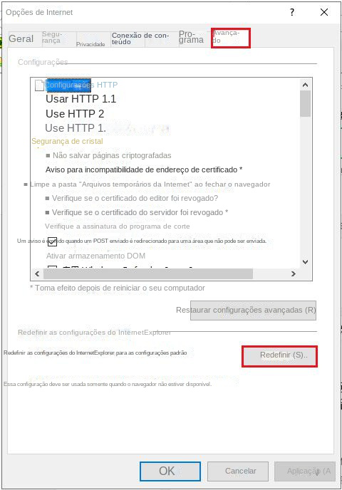 Redefinir as configurações do Internet Explorer