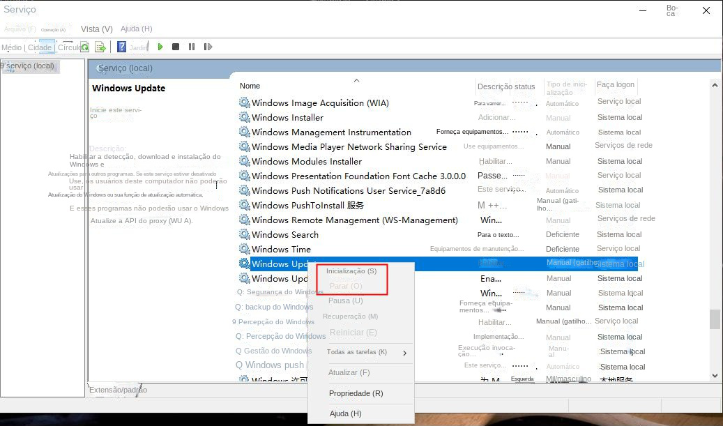 Iniciar ou interromper o WindowsUpdate