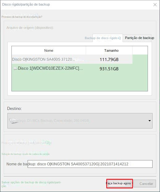 Backup do disco rígido Faça backup imediatamente