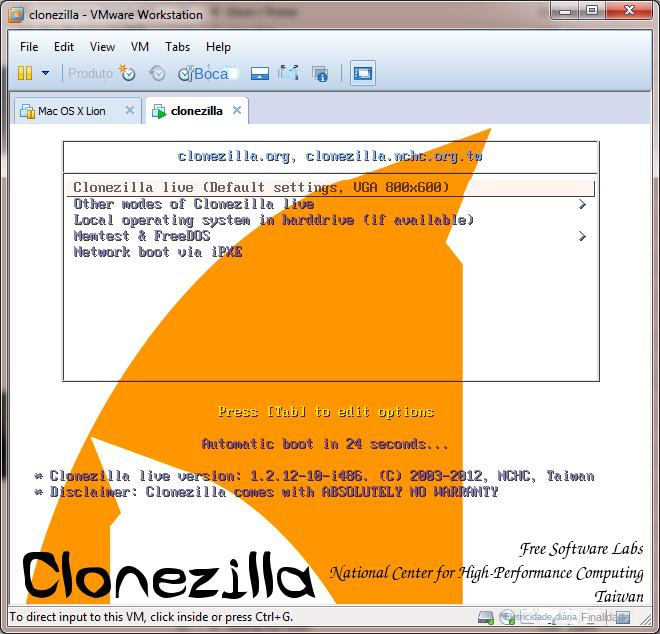 Interface do software Clonezilla