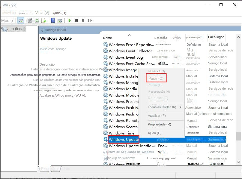 Interromper o serviço Windows Update