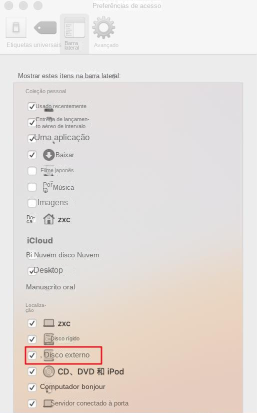 Mostrar discos externos na barra lateral