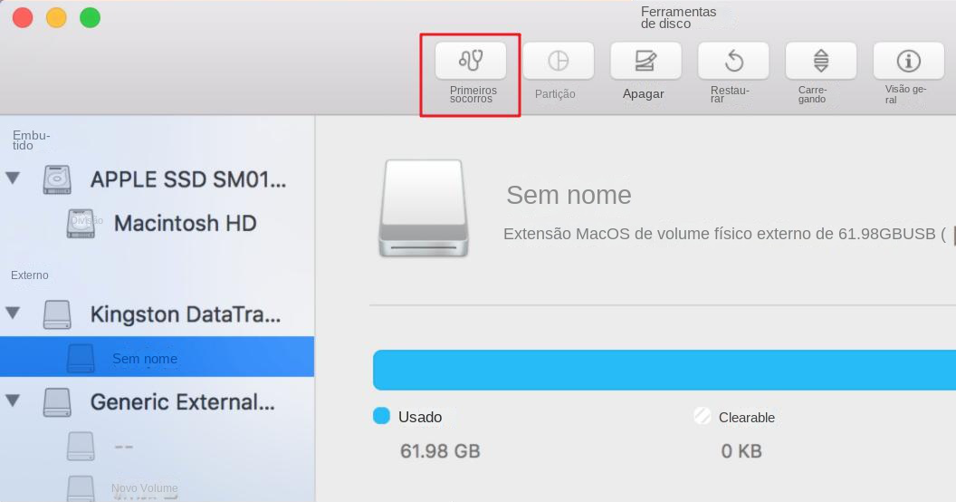 Utilitário de disco do Mac Selecione o disco e primeiros socorros