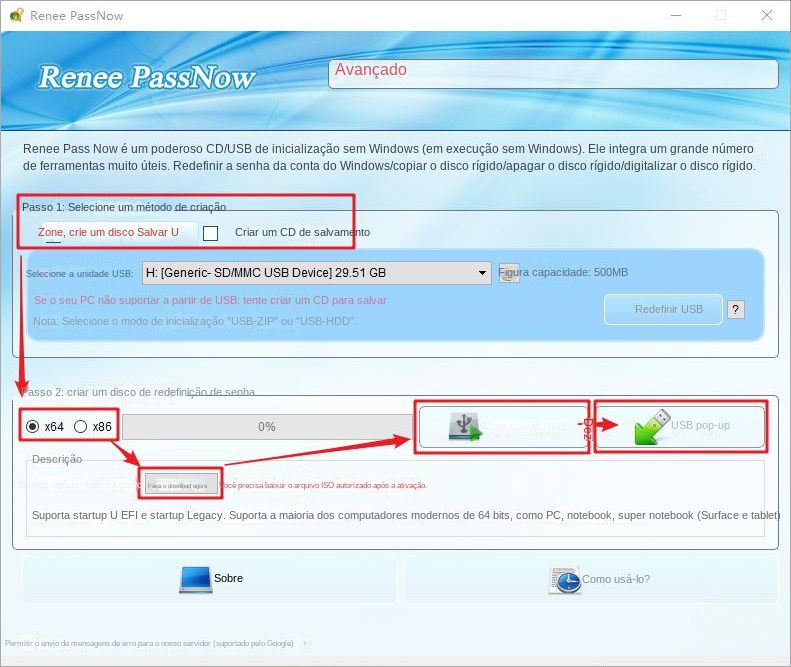 Selecione o tipo de sistema, clique em Create Rescue USB (Criar USB de recuperação) e, em seguida, clique em Eject USB (Ejetar USB)