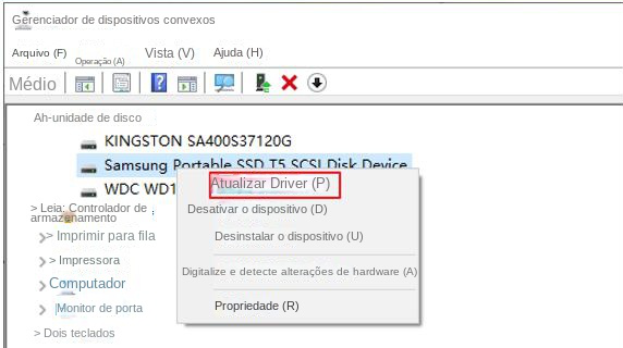 Atualização dos drivers do disco rígido