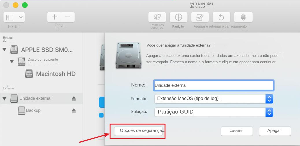 O utilitário de disco do mac elimina as opções de segurança