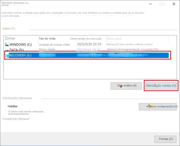 Selecione Otimização do disco rígido