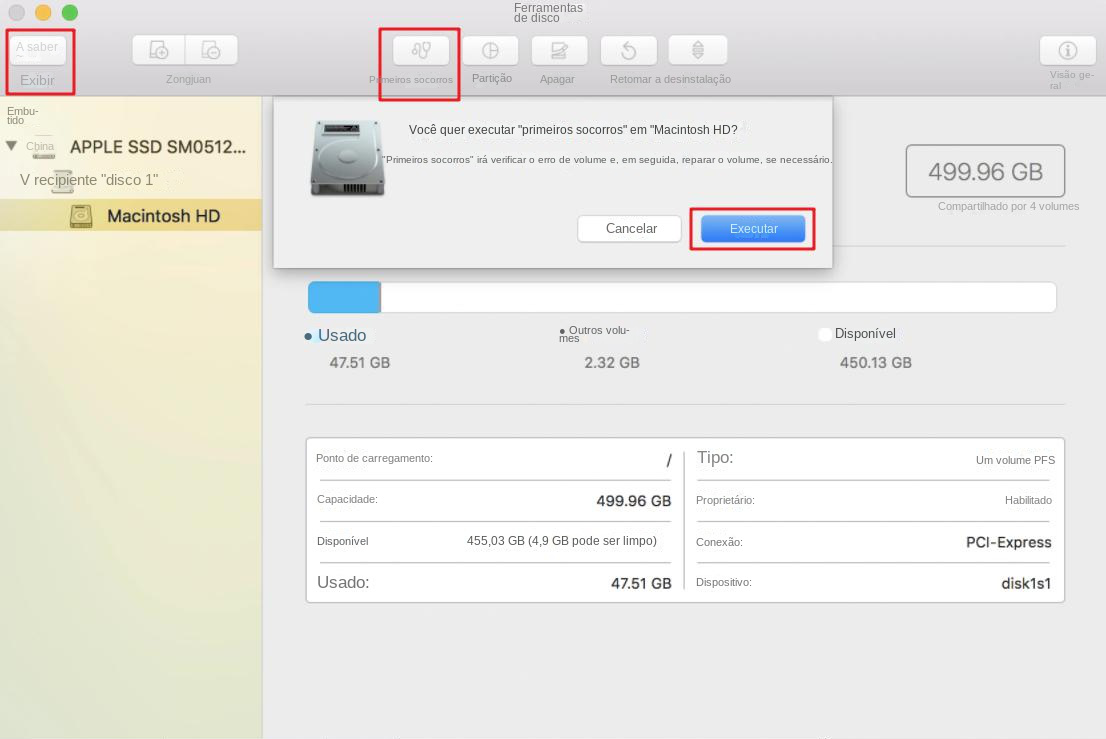 utilitário de disco do mac clique em primeiros socorros para reparar o dispositivo defeituoso