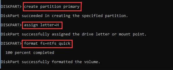 Digite os comandos create partition primary e format fs