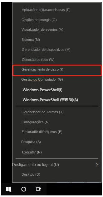 Clique em Gerenciamento de disco
