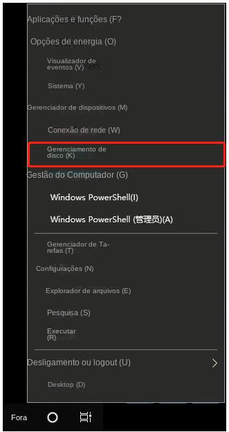 Clique em Gerenciamento de disco