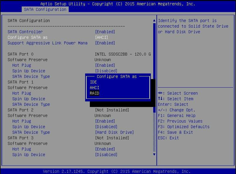 Entre na tela SATA Configuration (Configuração SATA)