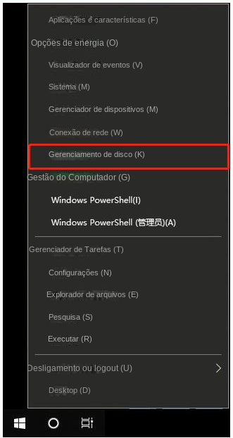 Clique em Gerenciamento de disco