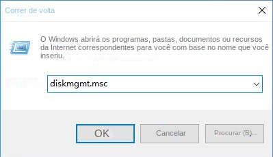 Na janela Executar, digite diskmgmt msc