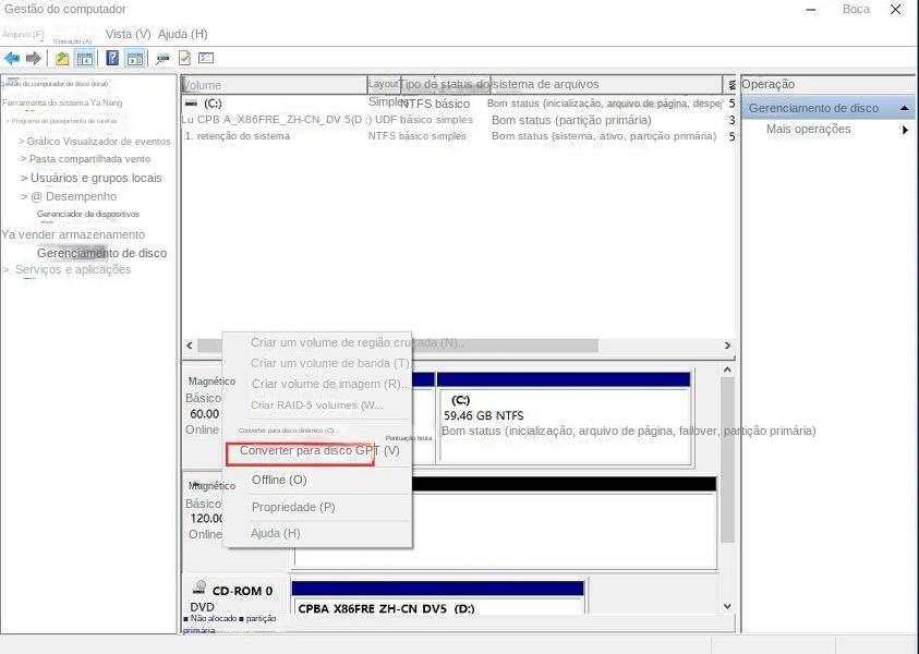 Gerenciamento de disco Converter em disco GPT