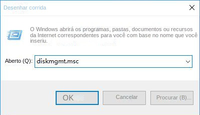 Na janela Executar, digite diskmgmt msc