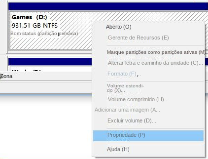 Gerenciamento de disco Clique em Propriedades
