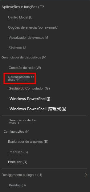 Opções de gerenciamento de disco