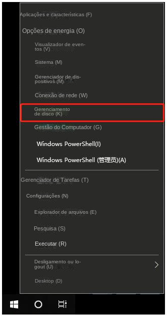 Clique em Gerenciamento de disco