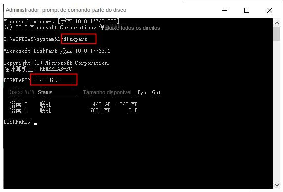 Entre no comando diskpart, digite list disk