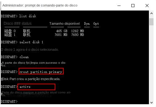 Digite create partition primary (criar partição primária)