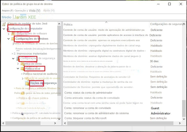 Localizar opções de segurança