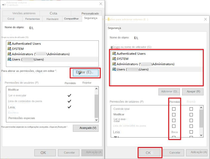 Modificar as permissões do disco rígido