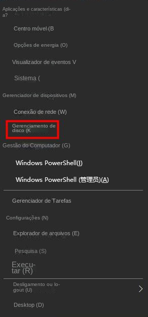 Opções de gerenciamento de disco