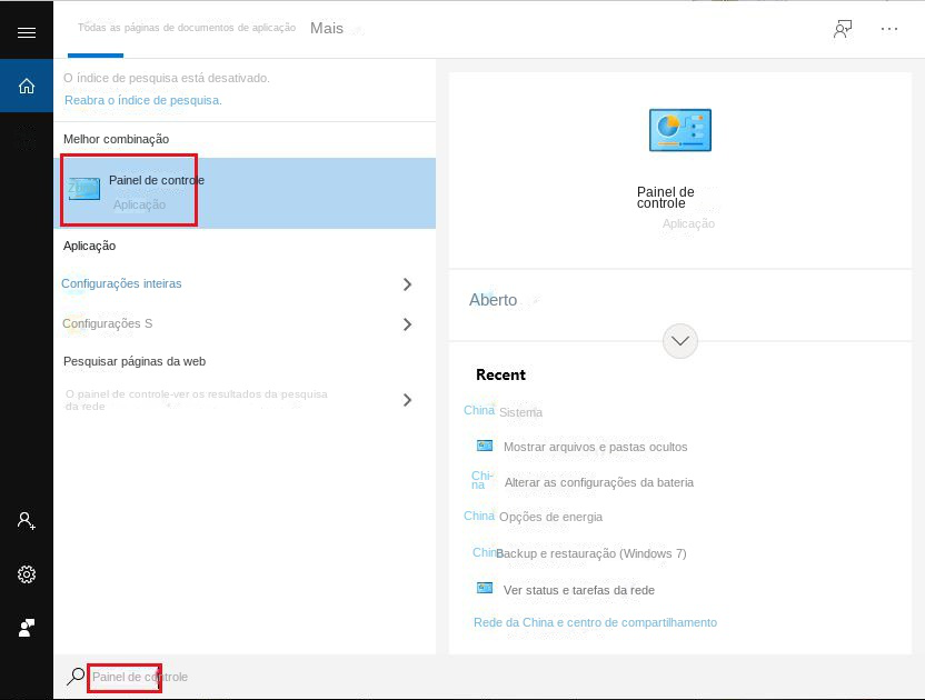 Localizar aplicativos do painel de controle